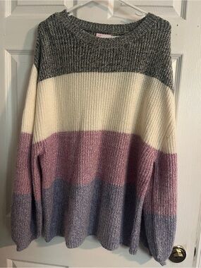 Pink Lily Colorblock Crewneck Sweater - Gray, Cream & Mauve